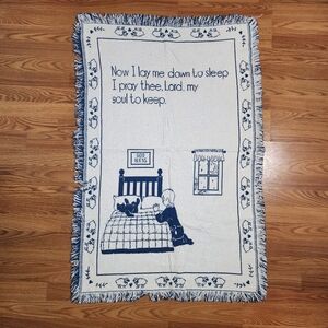 Vintage Baby Blanket Prayer Now I Lay Me Down to Sleep Light Blue Woven Tapestry